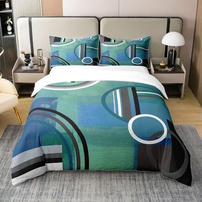 100% Cotton Geometric Comforter Cover Queen,Oil Painting Duvet Cover Watercolor Bedding,Circles Bedding Set,Blue Green Black Grey Quilt Cover,Modern Artwork Bedspread Cover with Zipper& Ties