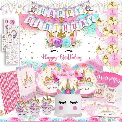 Unicorn Birthday Decorations with Backdrop for Girls- Unicorn Party Supplies Serves 16 Includes Happy Birthday Banner, Unicorn Backdrop, Napkins, Plates, Cake Topper, Headband, Sash & Tablecloth
