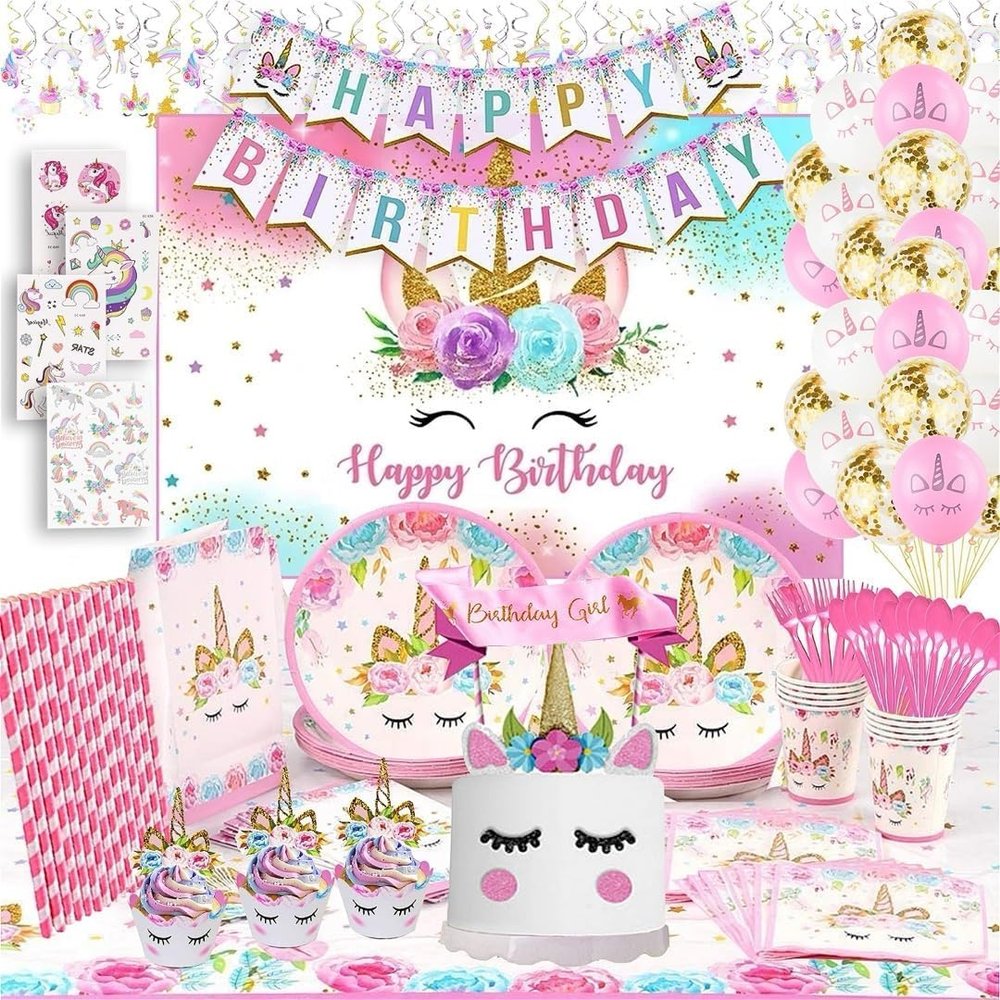 Unicorn Birthday Decorations with Backdrop for Girls- Unicorn Party Supplies Serves 16 Includes Happy Birthday Banner, Unicorn Backdrop, Napkins, Plates, Cake Topper, Headband, Sash & Tablecloth