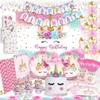 Unicorn Birthday Decorations with Backdrop for Girls- Unicorn Party Supplies Serves 16 Includes Happy Birthday Banner, Unicorn Backdrop, Napkins, Plates, Cake Topper, Headband, Sash & Tablecloth view 1