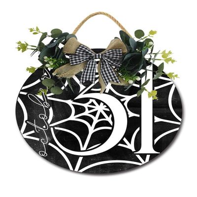 SLIYIYoo Halloween Decorations Door Sign, 12 Inch Rustic October 31st Wooden Hanging Sign for Front Door, Wreath with Bow Party Indoor Outdoor Decor Home