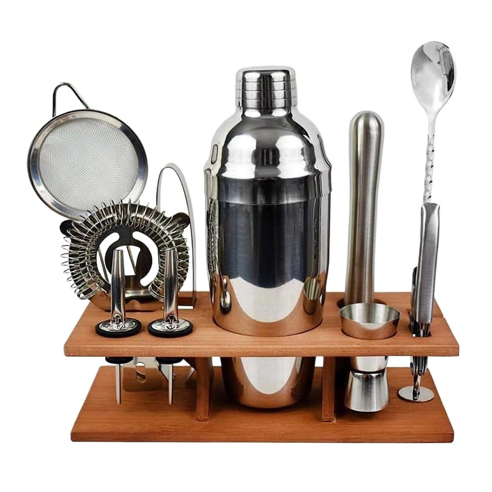 Bartender Kit Cocktail Shaker Set 11 Pcs Cocktail Shaker Set Bartender Kit with Stand Stainless Steel Bar Tool Set for Home Bar Cocktail Shaker Kit Cocktail Making Set (Color : Silver, Size : 550ml