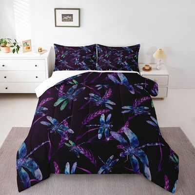 Manfei Watercolor Wild Animal Theme Bedding Set for Boys Girls,Purple Lavender Flower Plant All Season Cozy Comforter Set Full Size,Dragonfly Duvet Set Bedroom Decor,Personalized Birthday Gifts