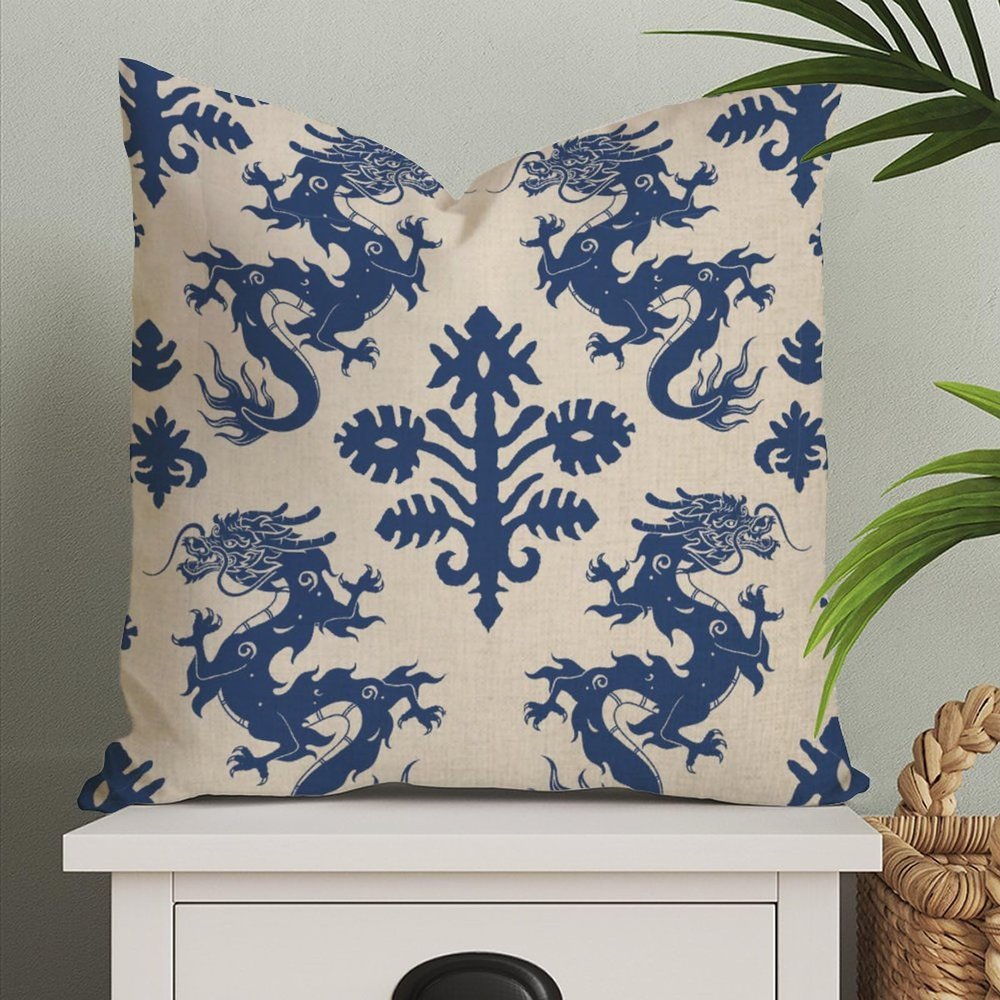 MangGou Regalia Loong Chinoiserie Pillow Case Blue Navy and Beige Euro Sham Pillow Cover Asian Animal Print Cushion Cover 26x26in Accent Pillowcase Rustic Home Decor for Sofa Living Room Bedroom