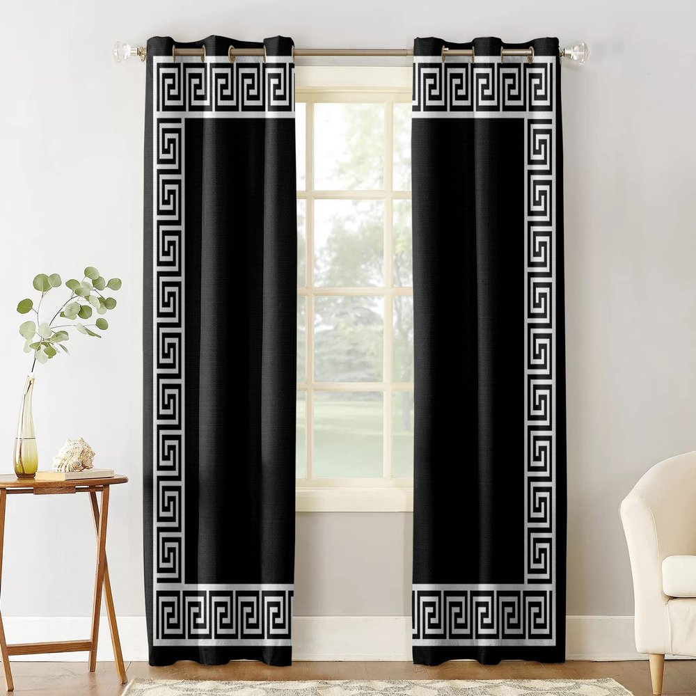 Aiesther Vintage Pattern Curtains for Living Room - Black Simple Chinese Pattern Window Curtains, Room Darkening Thermal Insulated Blackout Curtains for Living Room Bedroom(2 Panels, 52" W by 63" L)