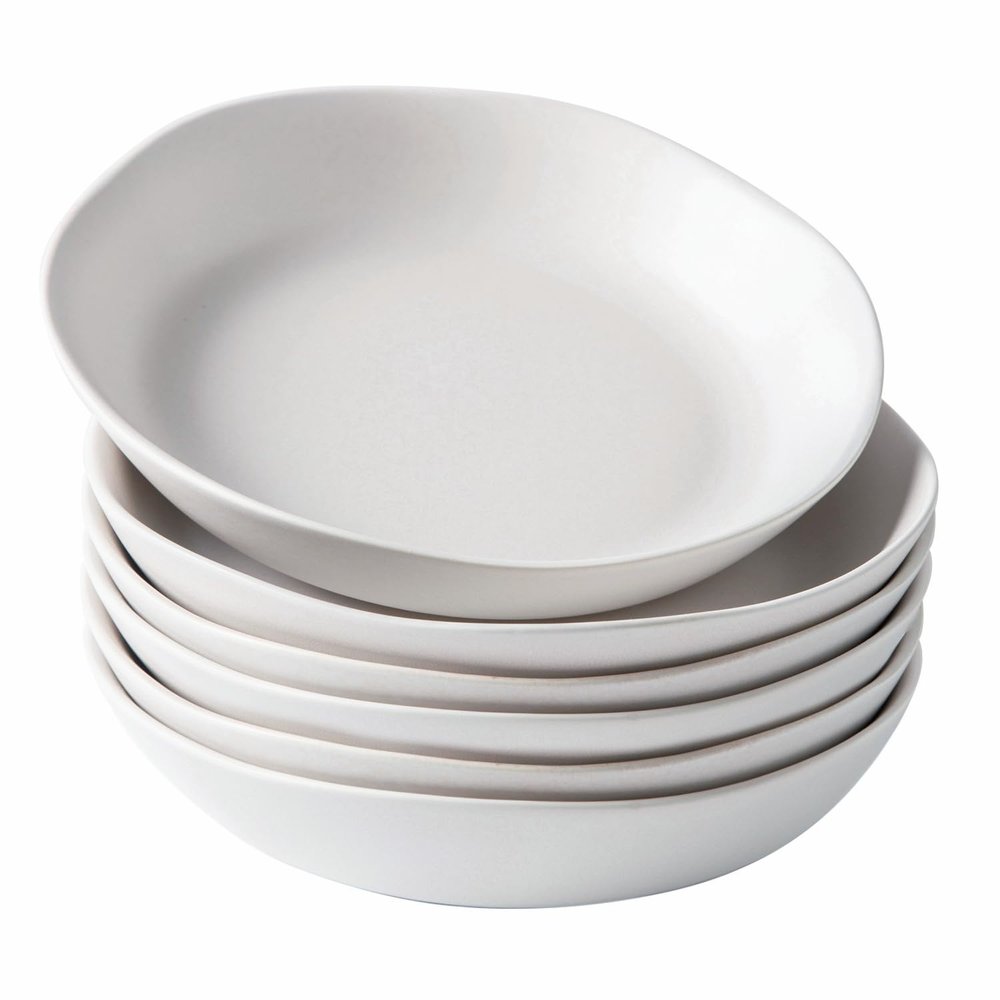 AmorArc 9.75'' Large Ceramic Pasta Bowls, 38oz Stoneware Wide Serving Bowls Set of 6 for Kitchen, Oven, Microwave&Dishwasher Safe Bowls with Wavy Rim for Fruit Pasta Salad Meal, Matte White