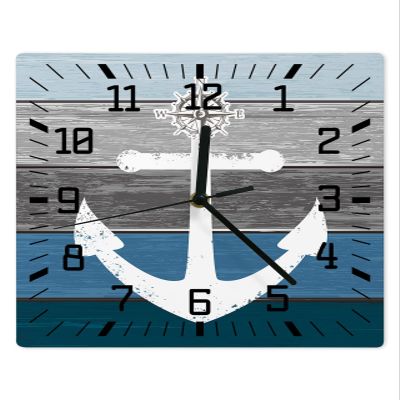 Wall Clock Nautical Anchor Battery Operated Clocks Silent Non-Ticking Wallclock 10 Inch Vintage Wood Grain Gray and Blue Square Wall Clocks for Living Room Bedroom Kitchen Office Bathroom Home Decor