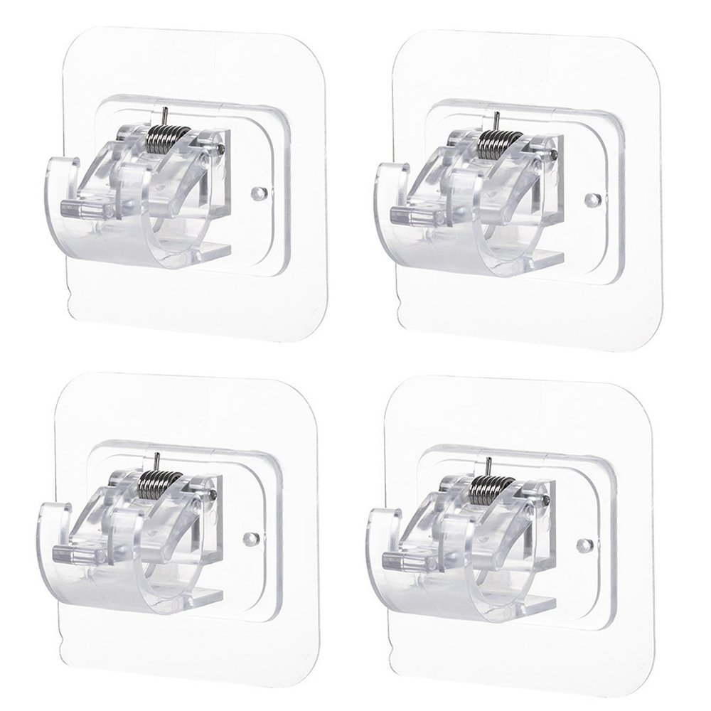 4Pcs No Drill Curtain Rod Brackets - Self Adhesive Holder Hooks, Nail Free Adjustable Hangers for Bathroom Kitchen (Transparent)