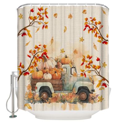 Thanksgiving Shower Curtain for Bathroom 48" x 72" Fall Pumpkin Truck Maple Leaves Autumn Shower Curtain with Hooks Polyester Waterproof Home Bathtub Decor