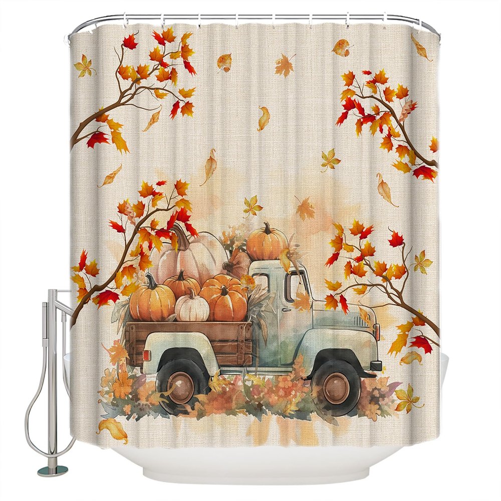 Thanksgiving Shower Curtain for Bathroom 48" x 72" Fall Pumpkin Truck Maple Leaves Autumn Shower Curtain with Hooks Polyester Waterproof Home Bathtub Decor