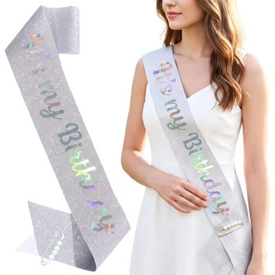 ZHBDPaty It's My Birthday Sash Silver Glitter Decorations for Women Girl Party Supply