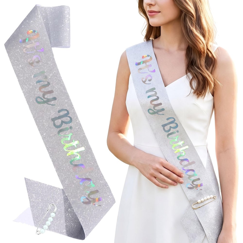 ZHBDPaty It's My Birthday Sash Silver Glitter Decorations for Women Girl Party Supply