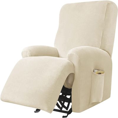 Jacquard Recliner Slipcover, Solid Color Velvet Stretch Reclining Chair Slipcovers 4-Pieces LazyBoy Covers Furniture Protector for Recliner with Pocket Sofa Couch Chair Cover ( Color : Beige , Size :