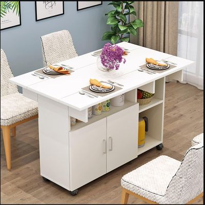 Modern Folding Dining Table, Drop Leaf Dining Table, Extendable Dining Table with Drawer & Storage Shelves, Rolling Space Saving Dining Table By 6 Wheels, in 3 Forms, Space Saving ( Color : White-righ