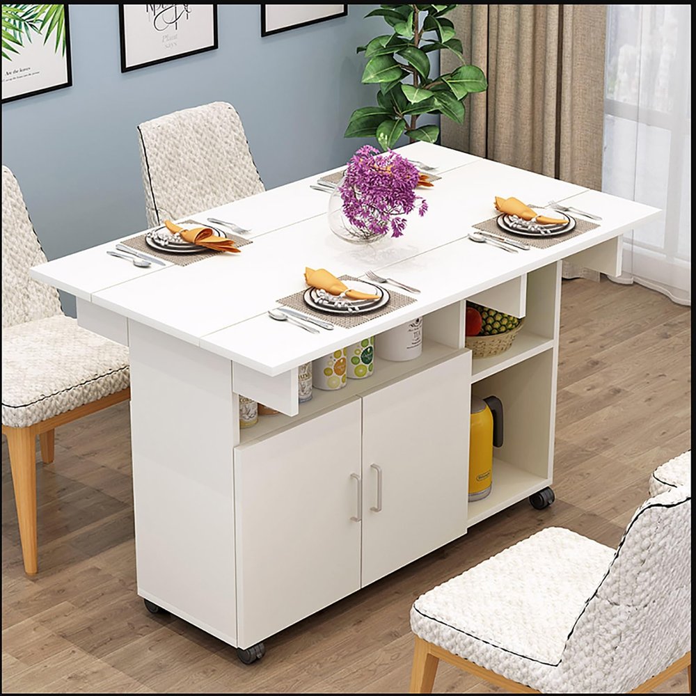 Modern Folding Dining Table, Drop Leaf Dining Table, Extendable Dining Table with Drawer & Storage Shelves, Rolling Space Saving Dining Table By 6 Wheels, in 3 Forms, Space Saving ( Color : White-righ