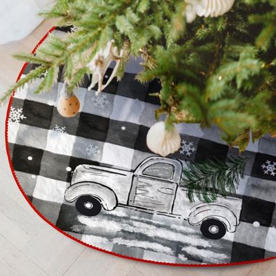 Christmas Tree Skirt Buffalo Plaid 48 Inches Merry Xmas White Snowflakes Tree Skirts Vintage Holiday Farmhouse Christmas Decorations