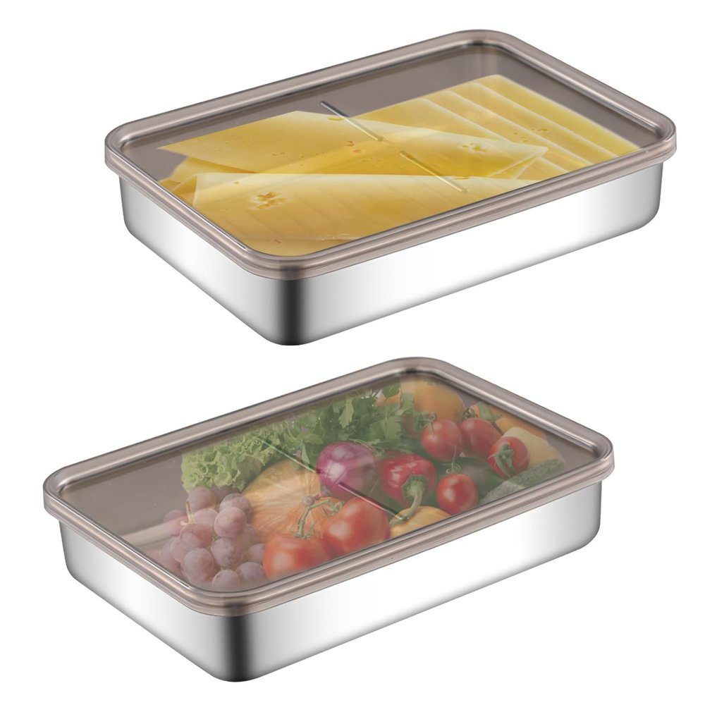 2 Pcs Cheese Container for Fridge, Stainless Steel Cheese Storage Containers with Lids Airtight Cheese Keeper for Refrigerator Dishwasher Safe Cheese Holder for Pantry, Counter, Refrigerator