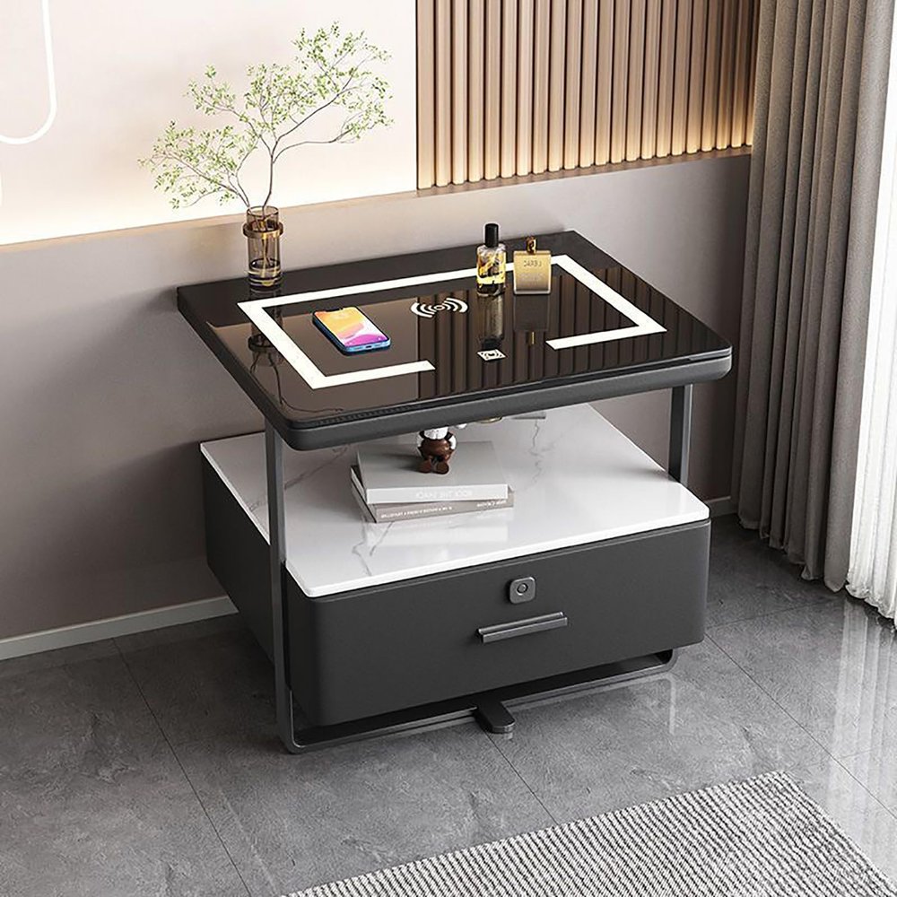 FZYUAN Modern Nightstand with Charging Station and with Fingerprint Lock Drawer Smart Nightstand End Side Table LED Light Bedside Table Bedside Cabinet for Living Room, Bedroom,Black