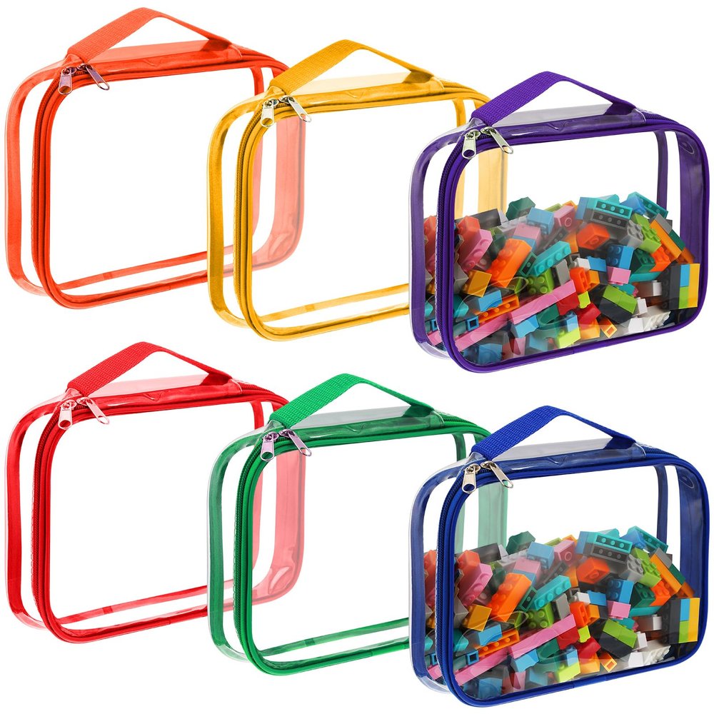 Sanwuta 6 Packs Toy Storage Bags, PVC Organizing Case Bags with Zipper, Waterproof Toy Container for Board Games, Building Blocks, Puzzles, Small Toys and Kids Books(Large,Bright Color)