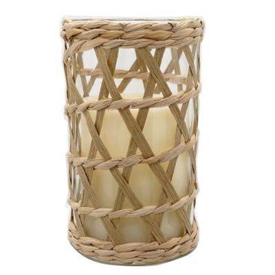 QIAOIDEA Rattan Woven Tea Light Candle Holder, Decorative Vintage Rustic Wicker Votive Glass Candle Lantern,6" Natural Seagrass Hand Woven Pillar Candle Holder Hurricane Tealight Candle Holder