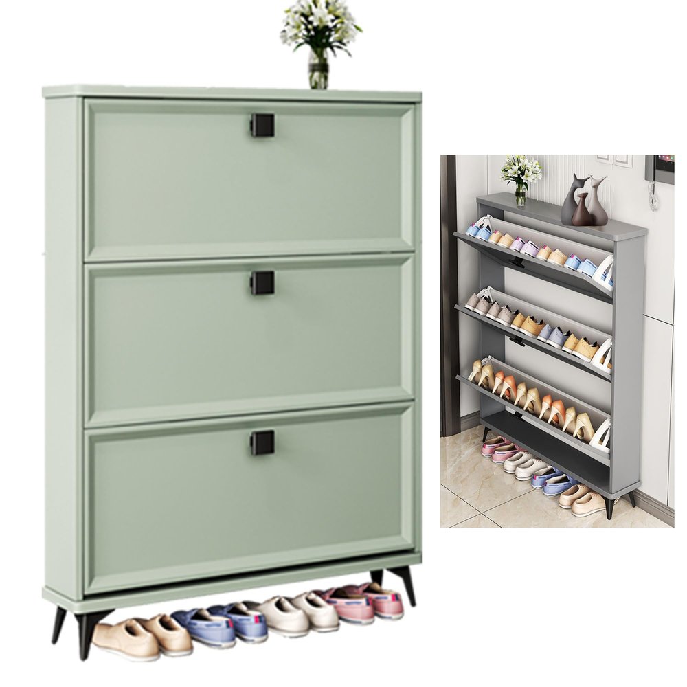 EFLAL Modern Green Wooden Freestanding Slim Shoe Cabinet, 70*26*118cm, Entryway, 18cm Single-Layer & 26cm Double-Layer Storage, 1 Door, 2 Drawers, Adjustable Shelf