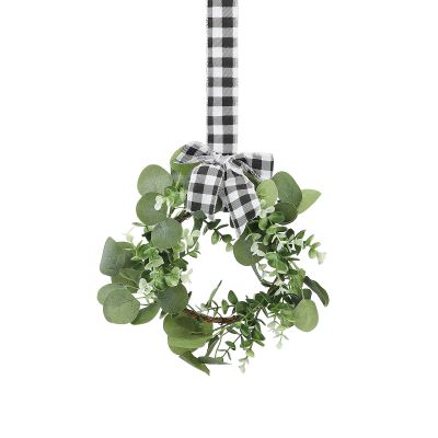 Merry Christmas Decorations Wreath Hanging Wreath Kitchen Cabinet Wreath with Buffalo Plaid Bow Black and White Check Bow Faux Greenery Leaves Wreath for Front Door Wall Window Porch(green 1)