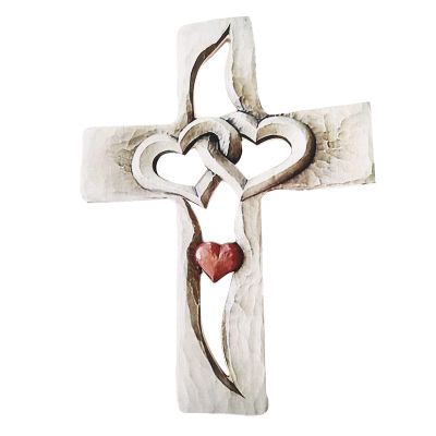 HEEPDD Handcrafted Decorative Heart Wood Cross Wall Sculpture, Religious Wall Art Plaque, Carved Design
