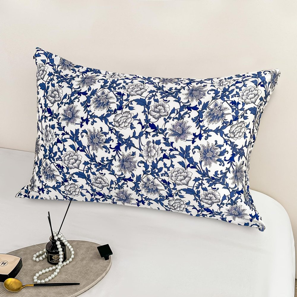100% Pure Mulberry Silk Pillowcase King Size for Hair and Skin,Navy Blue Real Silk Pillow Cases with Zipper,Soft and Cooling,Both Sides Natural Slip Silk,Floral Print,1pc(20"x36", Pattern6)