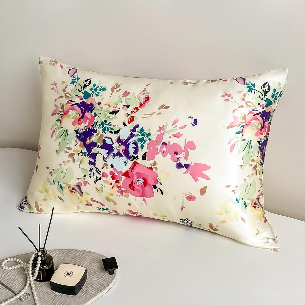 100% Pure Mulberry Silk Pillowcase King Size for Hair and Skin,Floral Print,Real Silk Pillow Cases with Zipper Closure,Health and Soft,Both Sides Natural Slip Silk,1pc(20"x36",Pattern1)