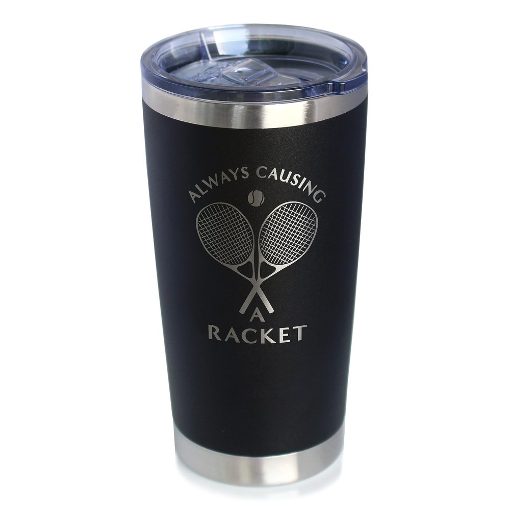 Causing A Racket - Insulated Coffee Tumbler Cup with Sliding Lid - Stainless Steel Insulated Mug - Funny Tennis Themed Decor and Gifts for Men & Women - Black