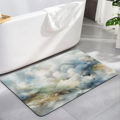 Blue White Cloud Diatomite Bath Mat for Bathroom, Modern Abstract Natural Landscape Scenery Super Absorbent Mat Washable Quick Drying Diatomaceous Mat for Bathroom Shower Sink Floor Runner Rugs 16x24