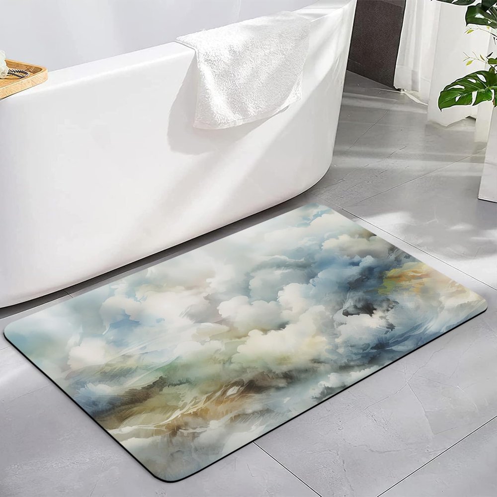 Blue White Cloud Diatomite Bath Mat for Bathroom, Modern Abstract Natural Landscape Scenery Super Absorbent Mat Washable Quick Drying Diatomaceous Mat for Bathroom Shower Sink Floor Runner Rugs 16x24