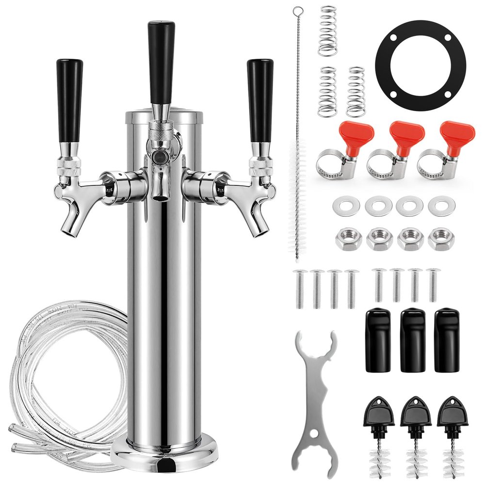 MRbrew 3 Tap Draft Beer Tower, SS 3'' Kegerator Tower & Stainless Core Self-Closing Faucet Pre-assembled Keg Tower Support Countertop and Kegerator Installation for Home, Bar, Party Beer Dispenser