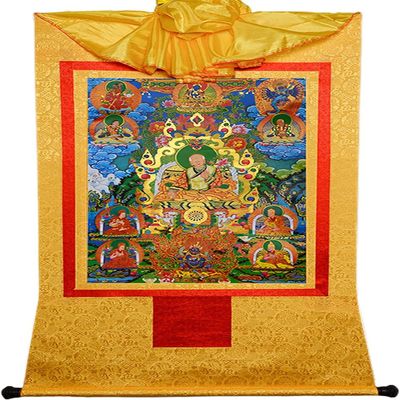 InDmar Silk Scroll Painting,Tibetan Thangka,Sakya Five Ancestors Tibetan Thangka Tapestry Tibetan Buddhist Thangka Brocade for Living Room Decor (Color : Gold, Size : M)