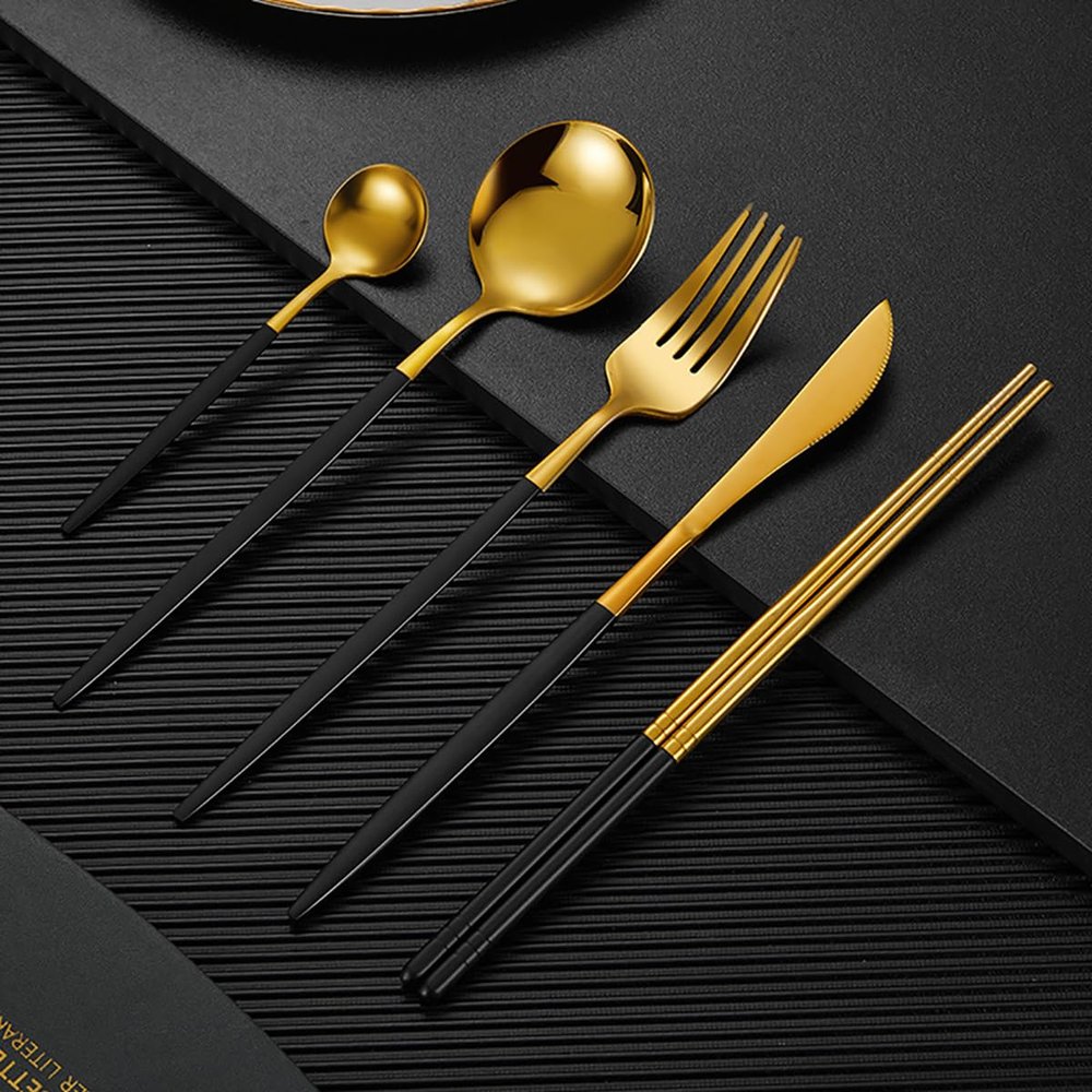 30-Pieces Black Gold Silverware Set Flatware Cutlery Set for 6 Forks Utensil Sets Home Essentials for New Home Kitchen Mirror Polished Ergonomic Durable Birthday Party Best Gift Combo