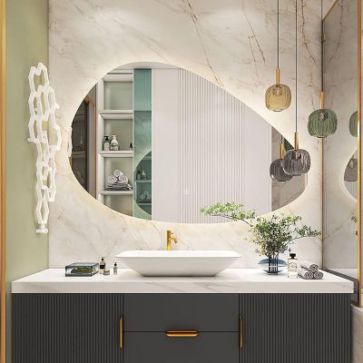 LED Oval Irregular Lighted Mirror, Bathroom Mirror With LED Lights, 70x50cm Illuminated Backlit Wall Mounted Vanity Mirror Dimmable Switch 3 Colors And Demister Pad, Horizontal/Vertical(Size:7050cm)