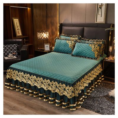 XMAYODS 3 Pieces Quilted Luxury Velvet Bedspread Bed Skirt with 2 Pillowcases,18 Inches Deep Ruffles Drop Fitted Sheet Wrap Around Bed Skirt with Decorative Fringe (Color : #16, Size : 180x220CM)