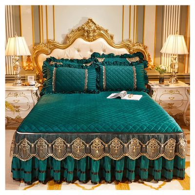 Luxury Velvet Bed Skirts Full /King/Queen 3 Piece Quilted Mattress Protective Cover with 2 Pillow, Thick Cover Bed Skirt with Bedskirt, 18 Inches Deep Ruffle Drop Fitted Sheet Bedspread ( Color : #3 ,