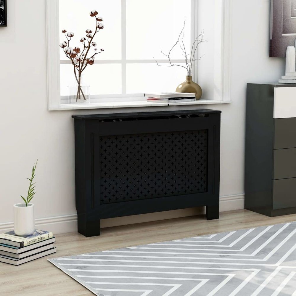 GOLINPEILO MDF Household Living Room Heater Heating Side Stand Radiator Cover Cabinet Shelf, Radiator Cover Heating Cabinet Shelf, Black/Cross Style, 44.1"x7.5"x32.1"