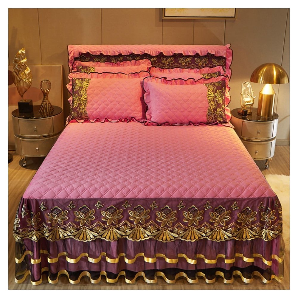 Luxury Velvet Bed Skirts Full /King/Queen 3 Piece Quilted Mattress Protective Cover with 2 Pillow, Thick Cover Bed Skirt with Bedskirt, 18 Inches Deep Ruffle Drop Fitted Sheet Bedspread ( Color : #26