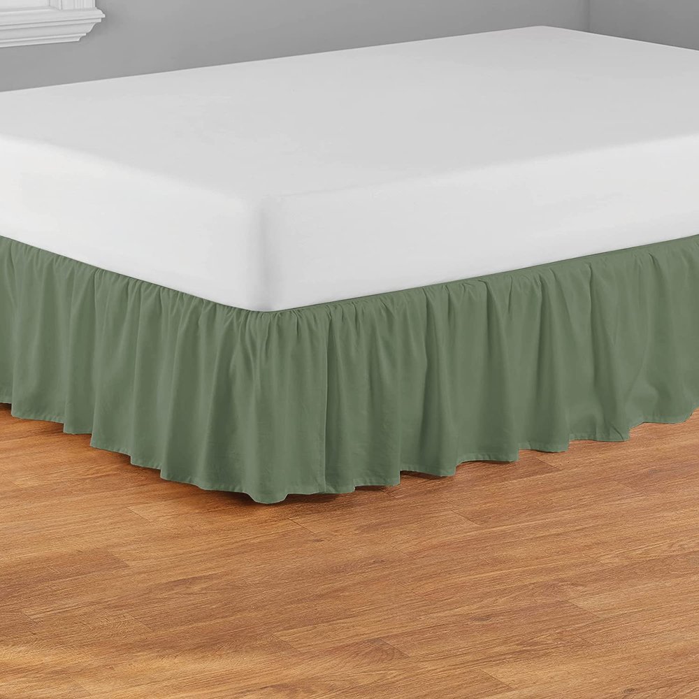 Ruffled Bed Skirt King 24" Inch Drop Dust Ruffle with Platform, 100% Cotton 800 Thread Count, Wrinkle and Fade Resistant Dust Ruffle Sage Solid