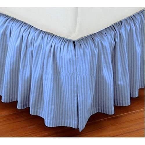 Ruffled Bed Skirt King 24" Inch Drop Dust Ruffle with Platform, 100% Cotton 800 Thread Count, Wrinkle and Fade Resistant Dust Ruffle Navy Blue Stripe