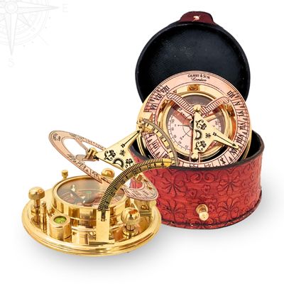 Antique Brass & Copper Sundial Compass, Sundial Clock in Box Gift Sun Clock Ship Replica Watch, Nautical Gifts for Men, Unique Nautical Decor, Naval Maritime Sundial (#2 Polish Gilbert)