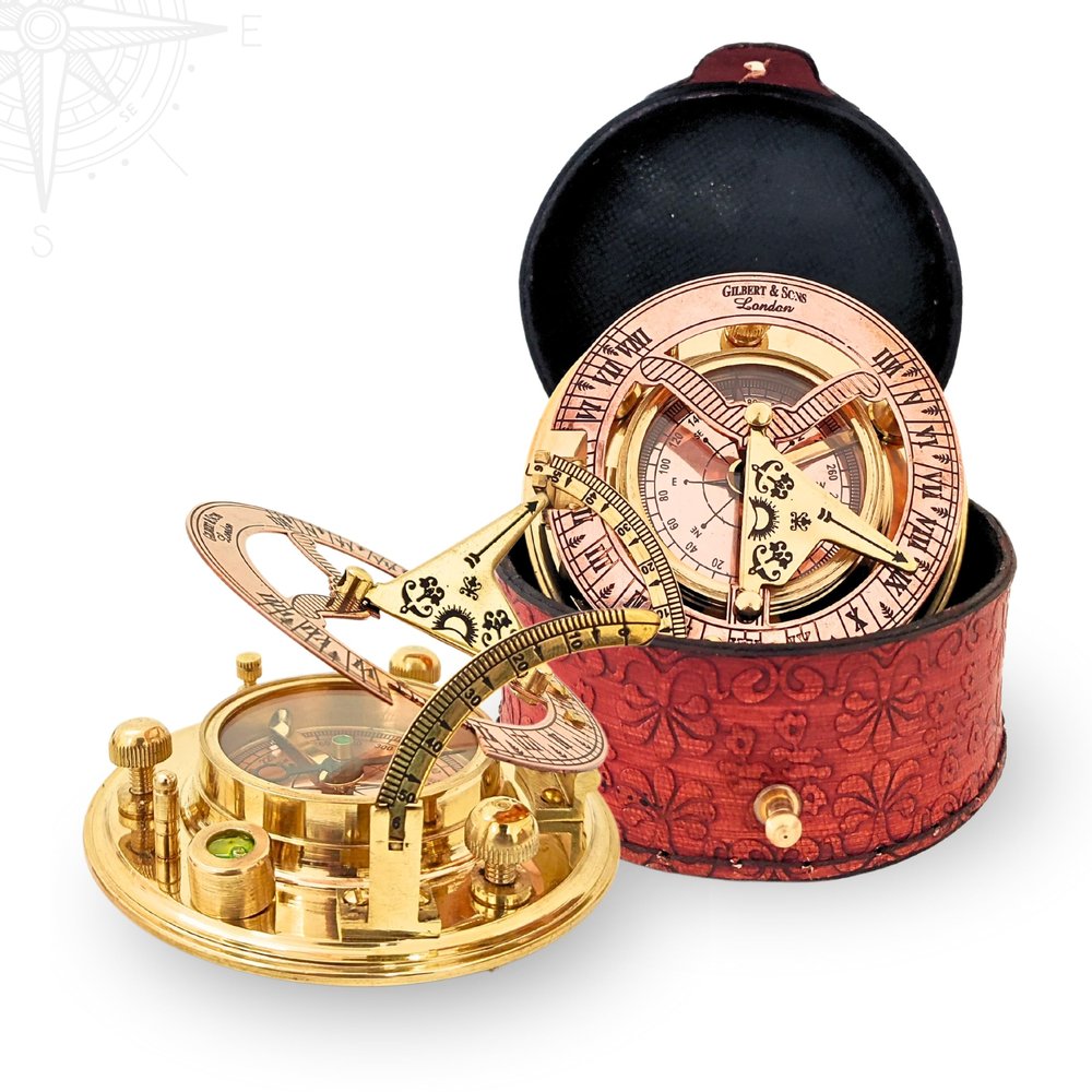 Antique Brass & Copper Sundial Compass, Sundial Clock in Box Gift Sun Clock Ship Replica Watch, Nautical Gifts for Men, Unique Nautical Decor, Naval Maritime Sundial (#2 Polish Gilbert)