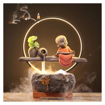 Desk top Water Fountain Table Fountains with Lights Desktop Fountain Creative Chinese Style Living Room Porch Backflow Incense Stove Ceramic Feng Shui Lucky(Color:b)