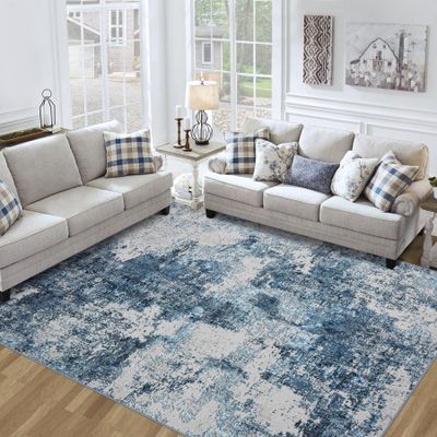 8x10 Area Rug for Living Room Bedroom: Large Washable Rug with Anti-Slip Backing Non-Shedding Stain-Resistant Soft Abstract Carpet for Dining Room Nursery Home Office (Blue)