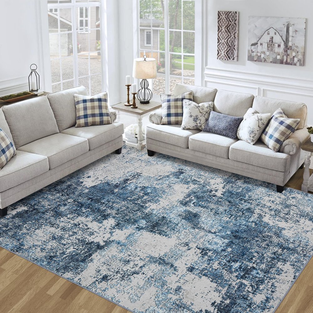 8x10 Area Rug for Living Room Bedroom: Large Washable Rug with Anti-Slip Backing Non-Shedding Stain-Resistant Soft Abstract Carpet for Dining Room Nursery Home Office (Blue)