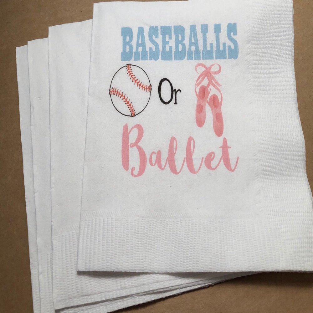 Baseballs or Ballet Gender Reveal Baby Shower Blue Pink Custom Dinner Napkins- Set of 25