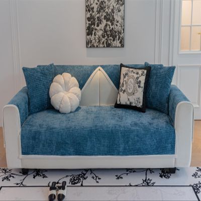 Huierxun Luxury Solid Color Chenille Sofa Cover Waffle Soft Sofa Slipcover Non-Slip Sectional Couch Covers Anti Cat Scratch Armrest Backrest Recliner Cover (Blue,36''x63'')