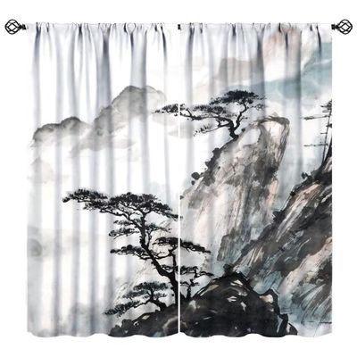 Asian Scenic Curtains, Traditional Ink Art Chinese Landscape Black Mountain Pine Tree Print Blackout Window Drapes for Living Room Bedroom Kitchen 42x63in
